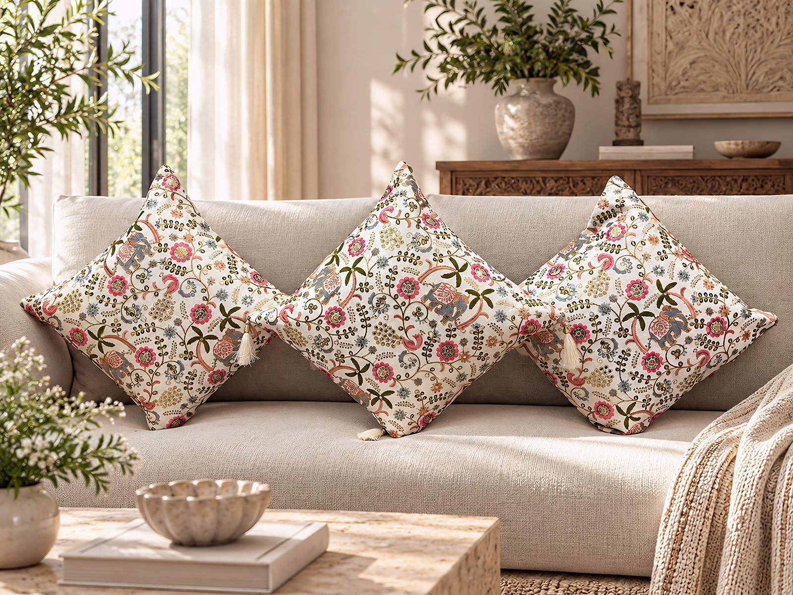 Zari cushion cover in elephant palm, sofa view
