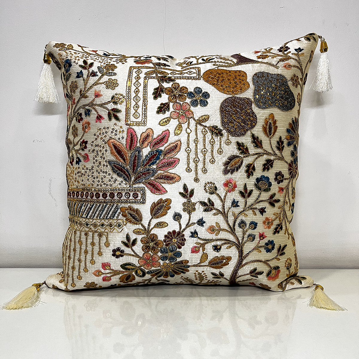 Embroidered Zara cushion cover in pastel flowers, front view