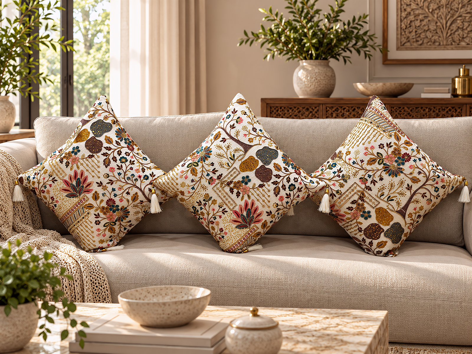 Zari cushion cover in pastel flowers, sofa view