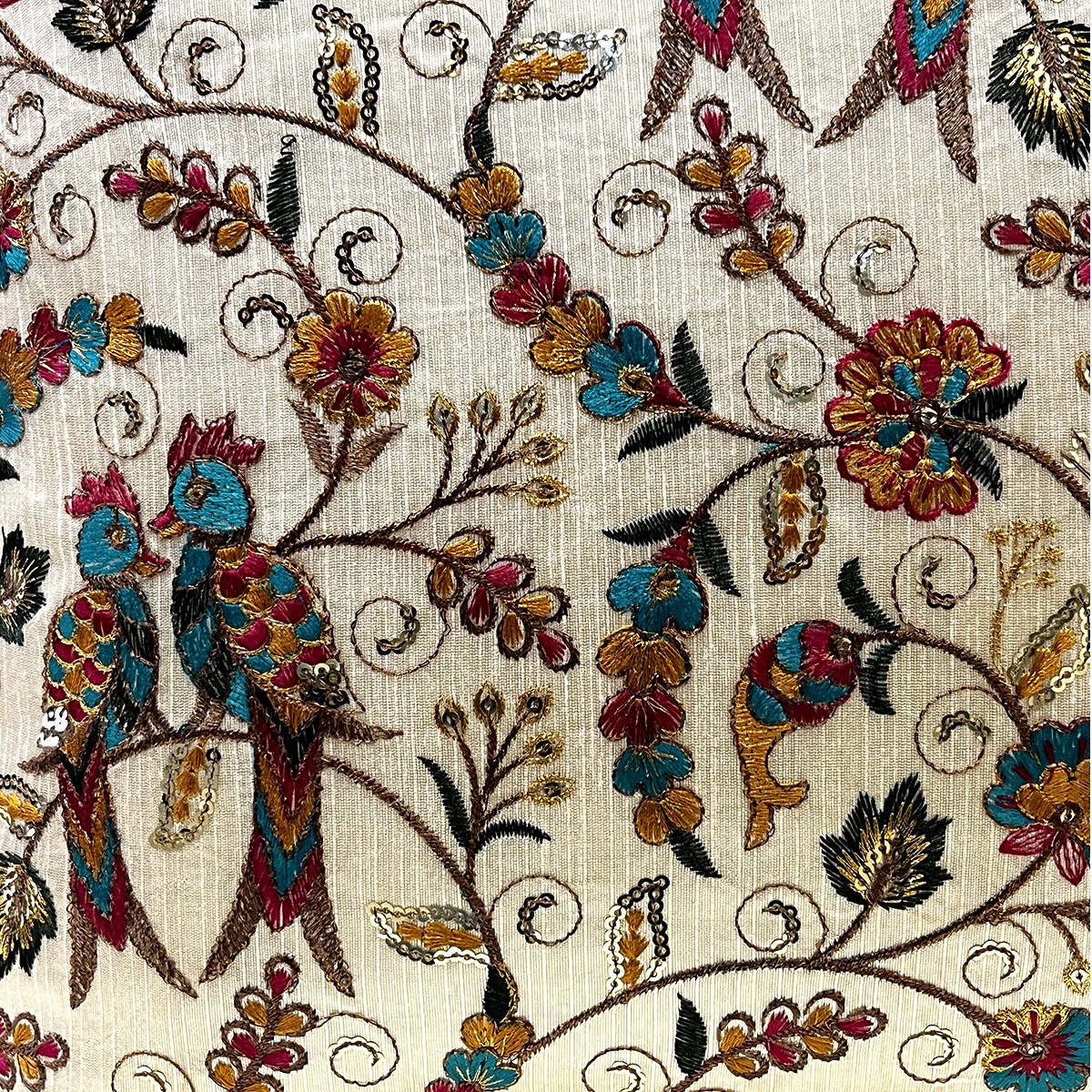 Close-up of the peacock embroidery