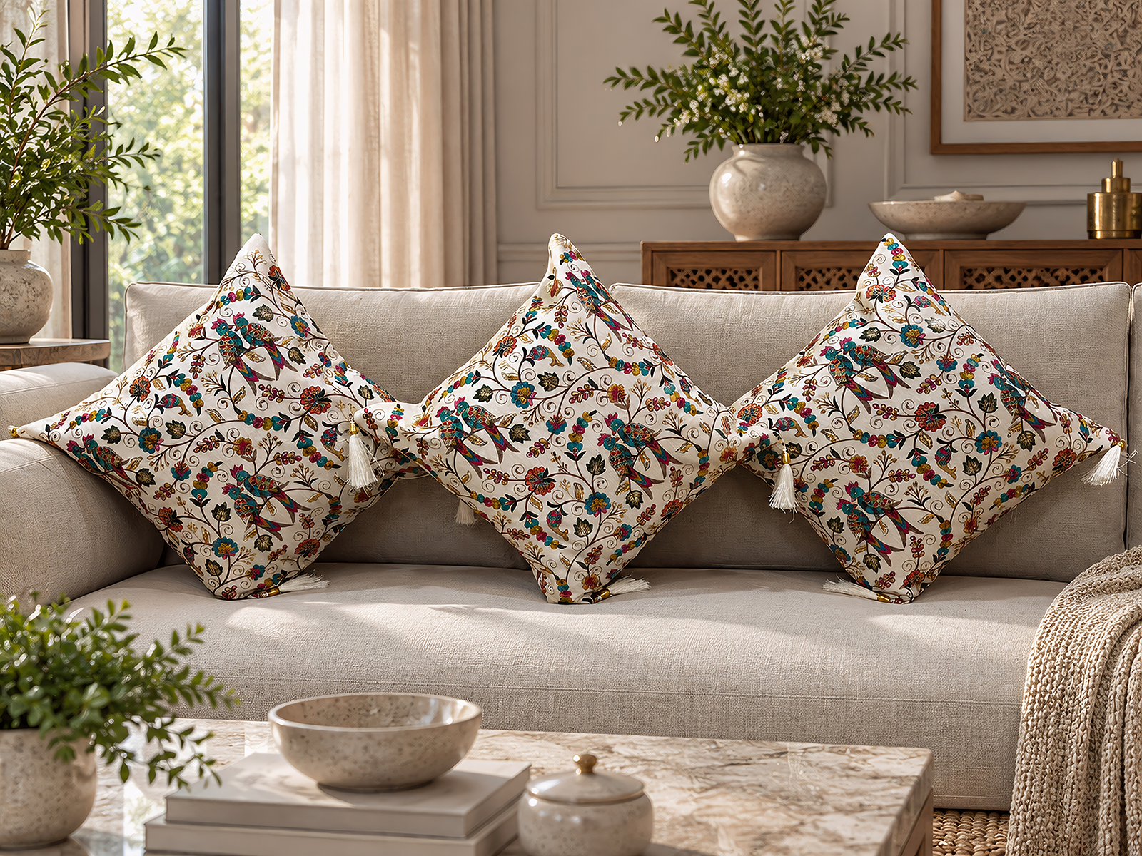 Zari cushion cover in peacock, sofa view