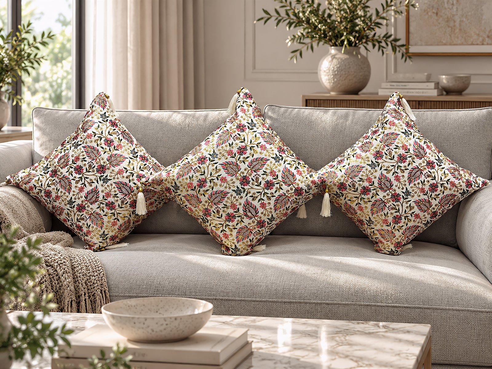 Zari cushion cover in tropical leaf, sofa view