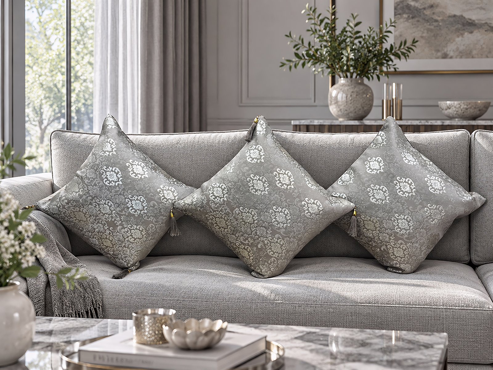 French Tussle cushion cover in brown, sofa view