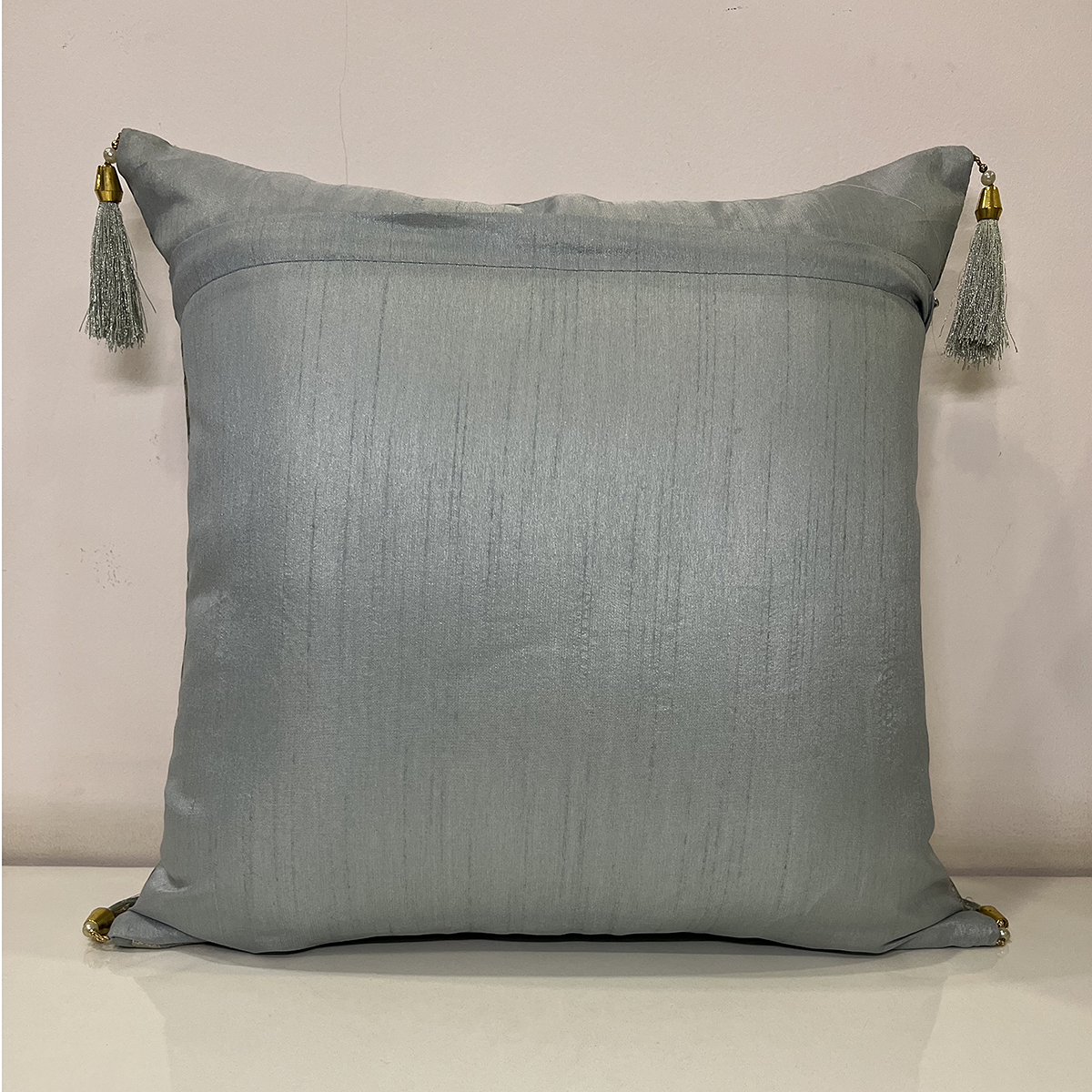 French Tussle cushion cover in greyish blue, back view