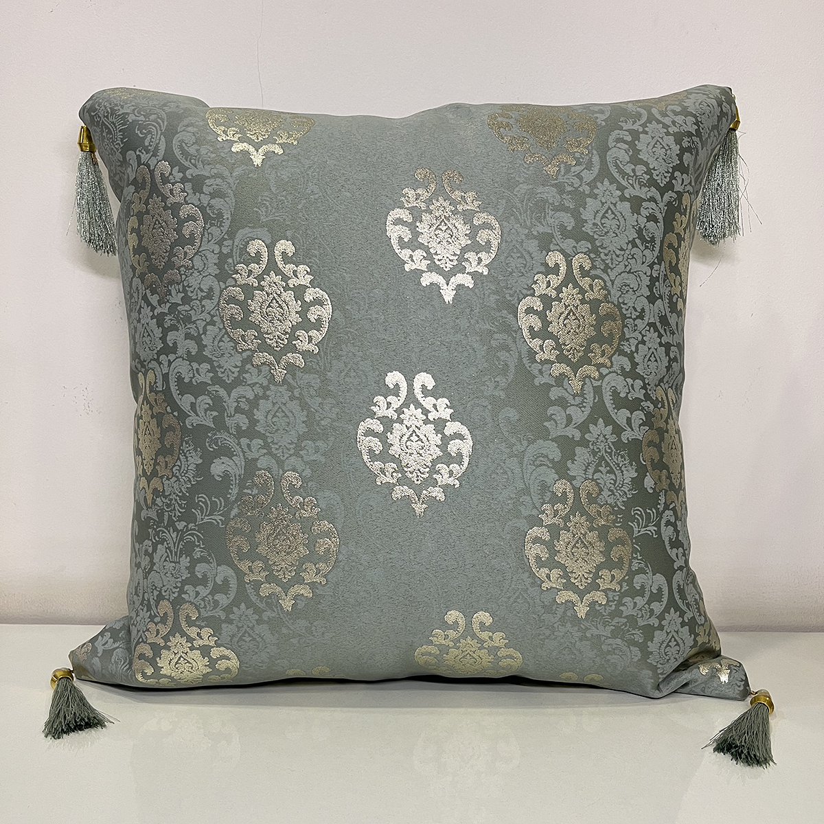 French Tussle cushion cover in greyish blue, front view