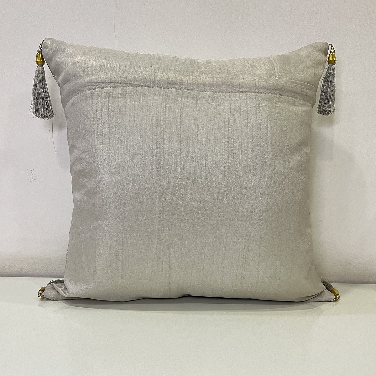 French Tussle cushion cover in light grey, back view