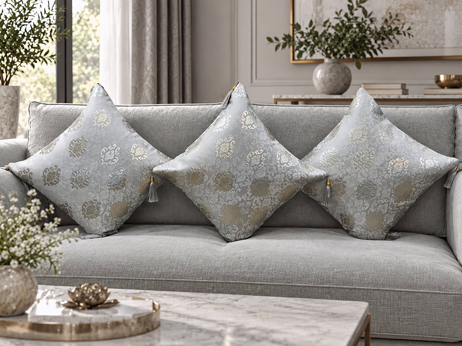 French Tussle cushion cover in light grey, sofa view